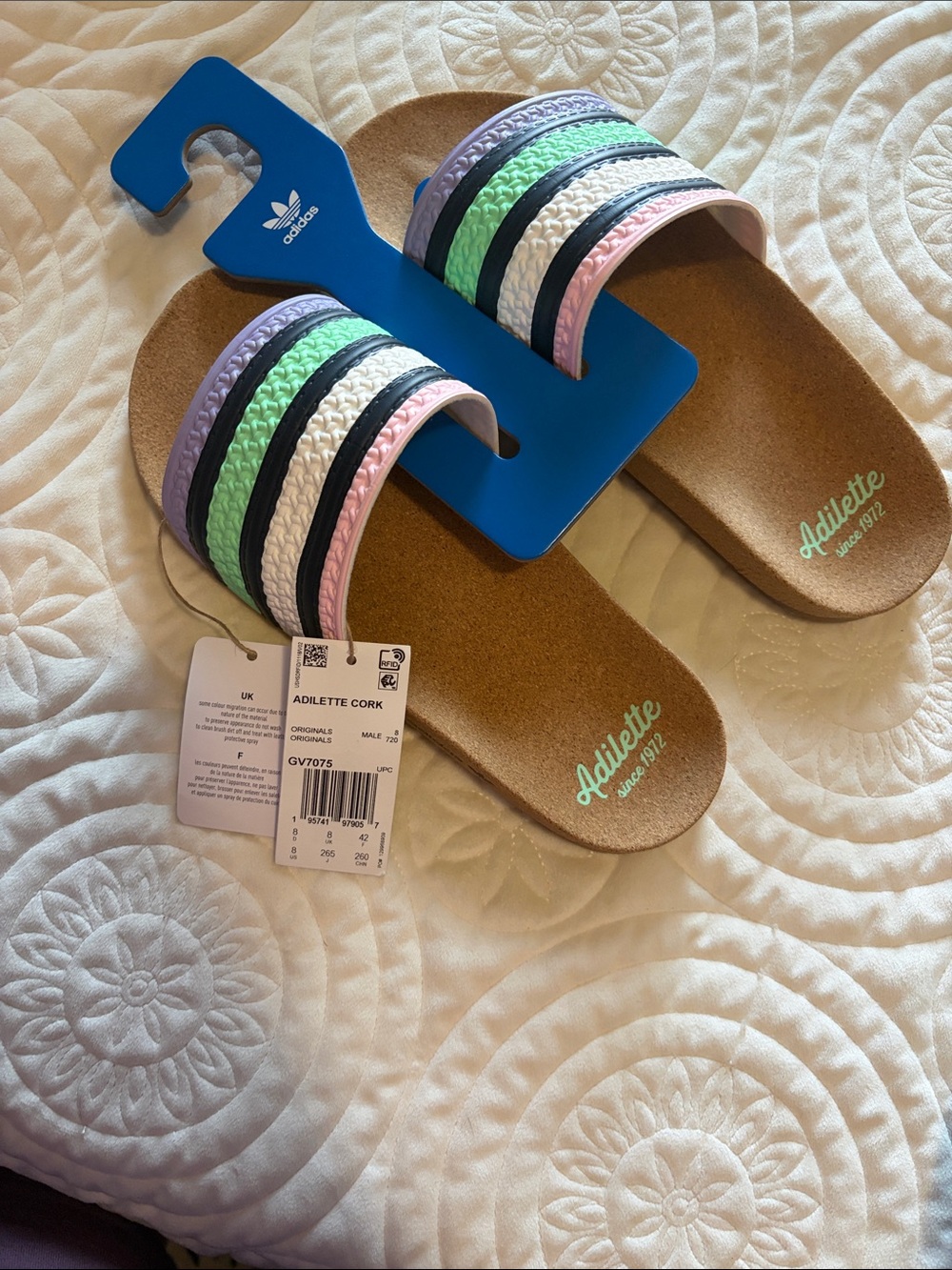 adidas Mens Adilette Cork Slides in Pink, Green, Lavender & White